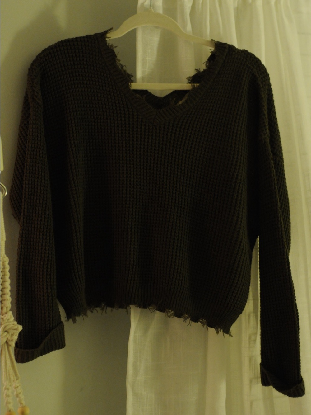 Women's Distressed V-Neck Knit Sweater - Deep Green